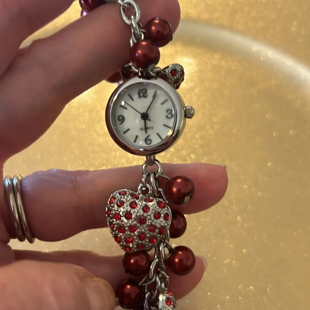 Quartz Watch Bracelet with Red Beads & Hearts on Silver Chain; Watch not working